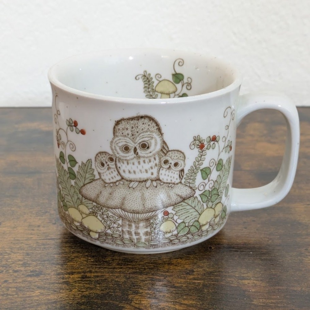 Otagiri-style Owl Mushroom Stoneware Mug Speckled Cottagecore Forest Coffee‎ Cup